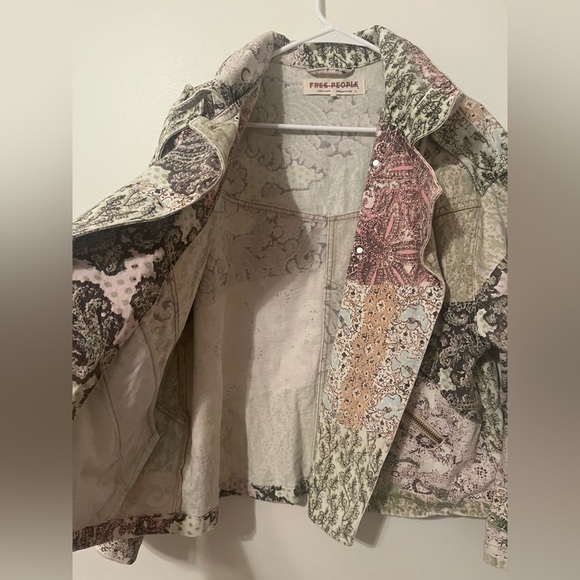 Free People Nadia Moto Jacket Pierced Mix Print Paisley Sage Pink Black - Picture 7 of 12